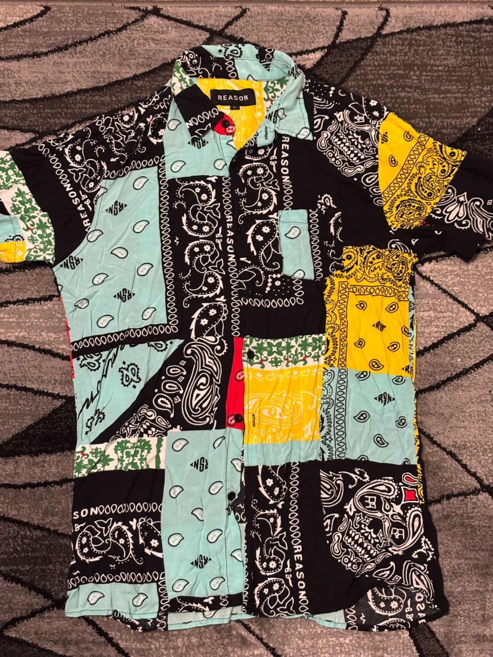 Reason Patchwork Bandana Quilt in Aqua, Yellow, Black and Red